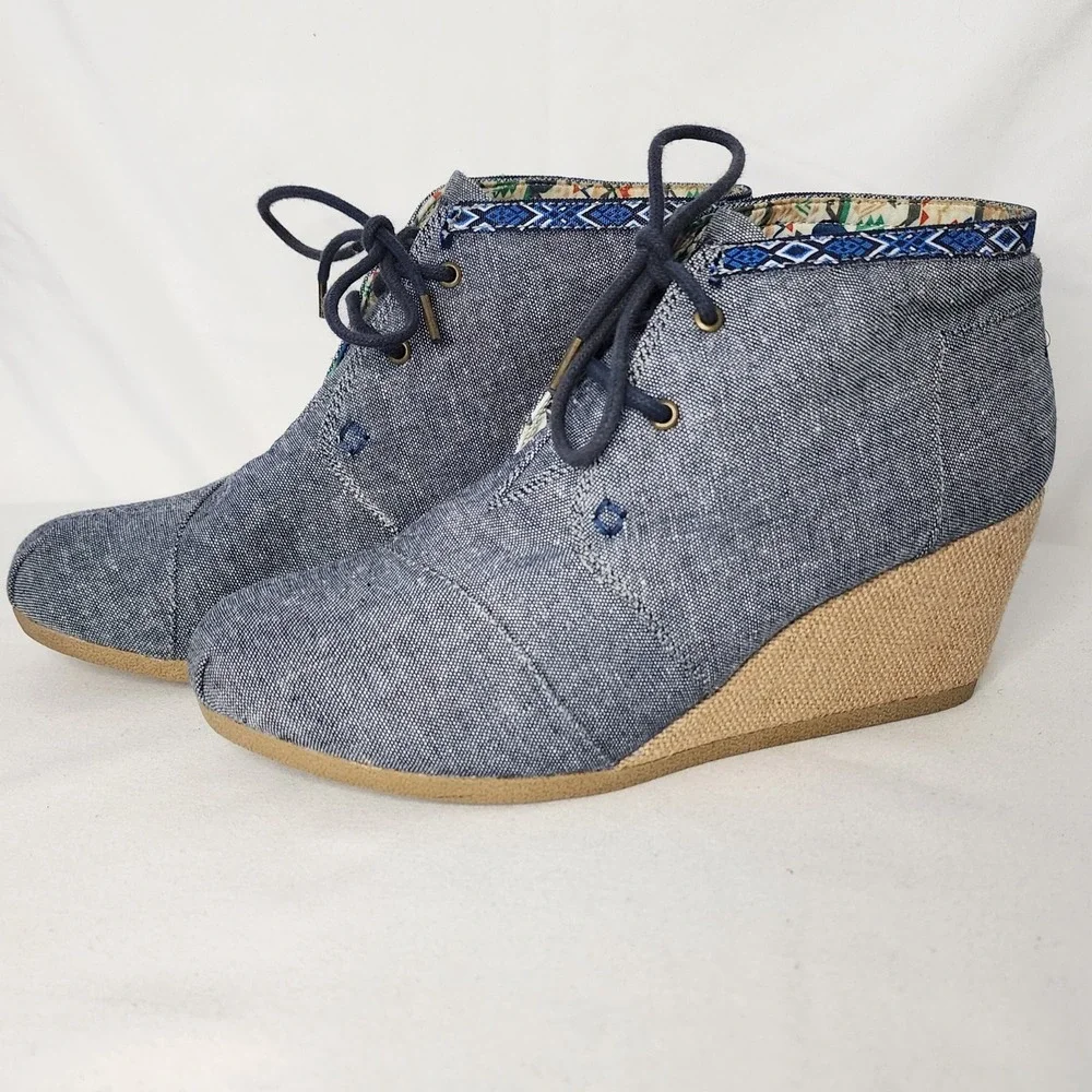 BOBS by Skechers Denim Wedge Ankle Boots Women's Size 9 Lace Up Casual - Picture 3 of 6